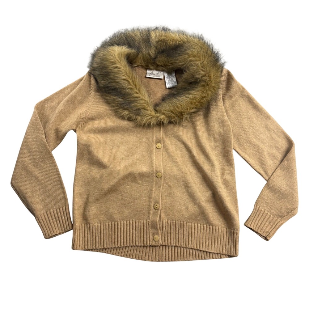 VTG Y2k Kathie Lee Brown Fur Collar Button‎ Cardigan S/S Retro Old Money Mobwife